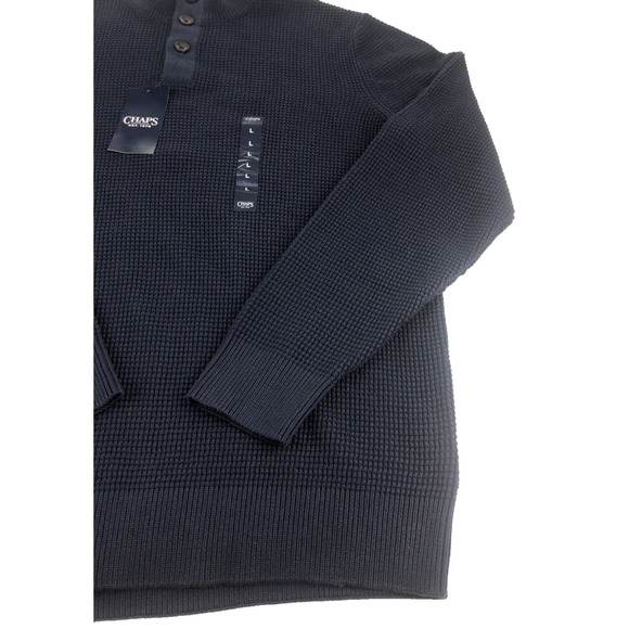 Chaps‎ Men's Sweater Large Cable Knit Mock Neck Quarter Button Pullover Blue - Picture 4 of 14